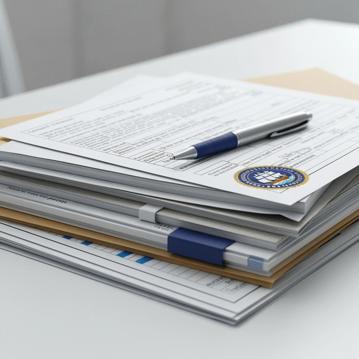 Documents and forms on a desk, representing licensing and compliance, no text, no words