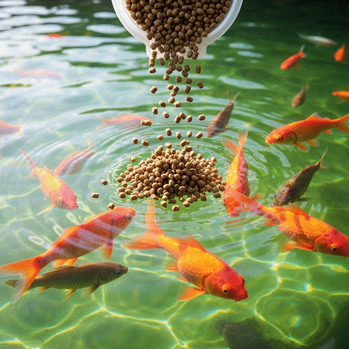 Close-up of fish feed pellets being poured into a fish pond