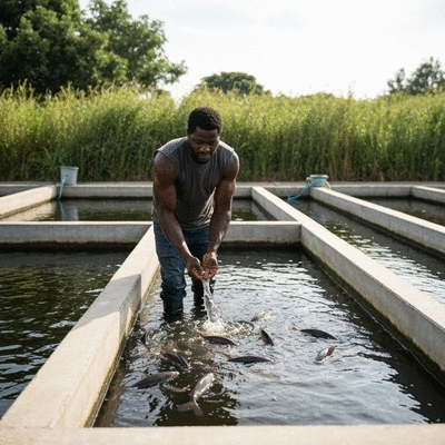 African fish farmer inspecting fish in a modern aquaculture pond