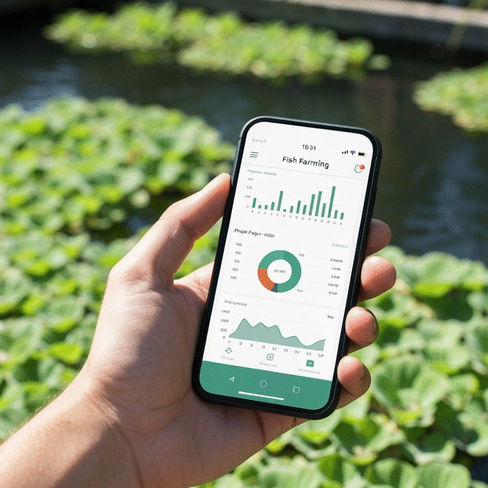 Hand holding a smartphone displaying a fish farming app with analytics and charts, showing growth projections and financial data.