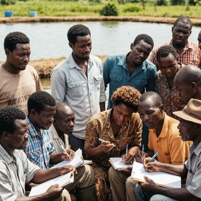 Group of African farmers learning about aquaculture techniques