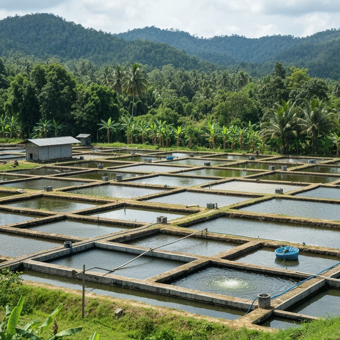 Aerial view of a well-organized commercial African fish farm with multiple traditional earthen ponds and some concrete tanks, showing clear infrastructure and farm layout, tropical vegetation in the background, natural lighting, documentary style, no text, no words, no typography, 8K resolution, 4:3 aspect ratio