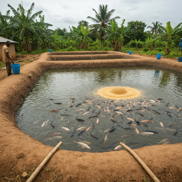 African farmer manually feeding catfish in a large, well-maintained earthen fish pond, with feed visible on the water surface and fish congregating