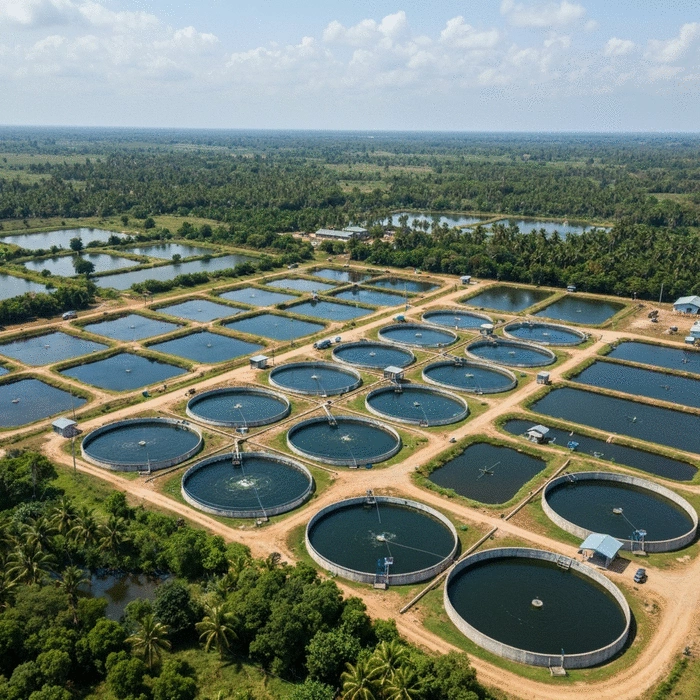 Aerial view of a large-scale commercial African fish farm with both earthen ponds and concrete tanks