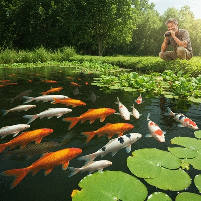 Healthy fish swimming in a well-managed fish pond, with a farmer observing in the background