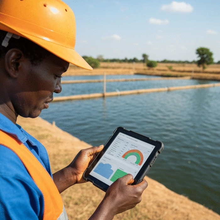 Fish farmer reviewing water quality data on a tablet, with a pond in the background
