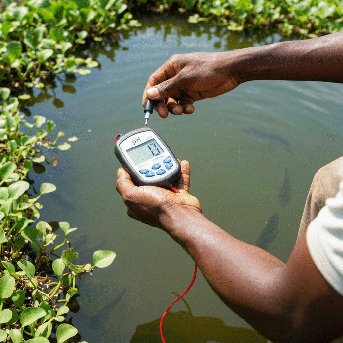 Fish farmer testing pH levels in a pond with a digital meter