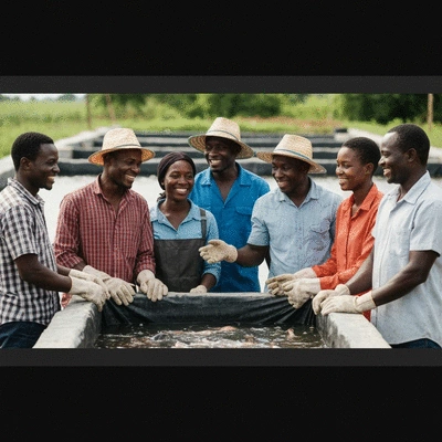 African farmers collaborating in a fish farming cooperative, diverse group, natural outdoor setting