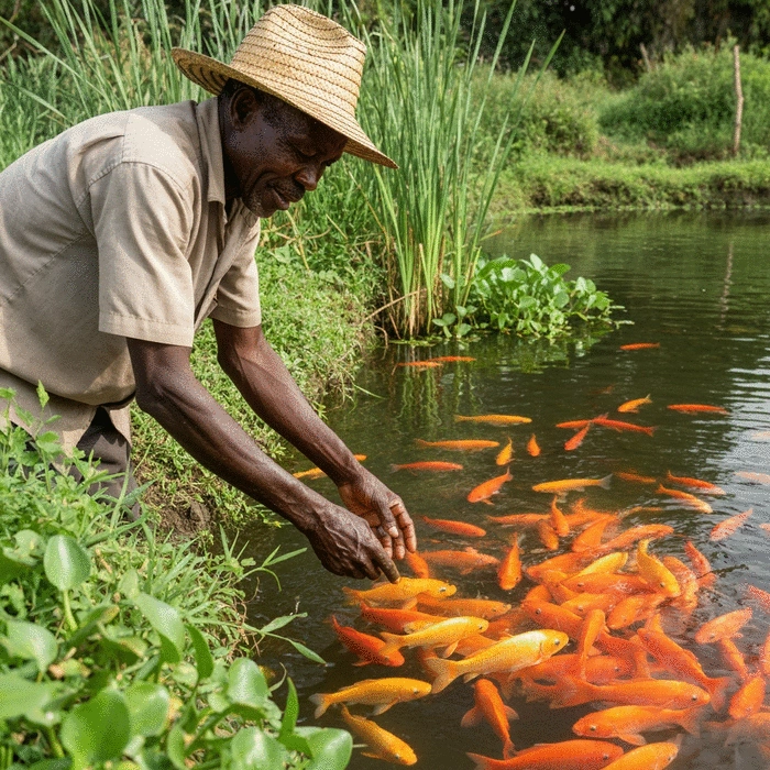 African fish farmer inspecting a pond, surrounded by healthy, growing fish, focused and diligent