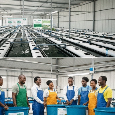 Modern fish farm in Africa with clear branding and happy workers