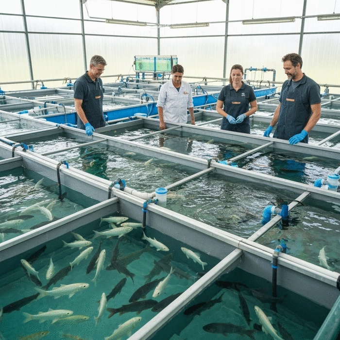 Modern fish farm with clean tanks and healthy fish, aquaculture experts observing