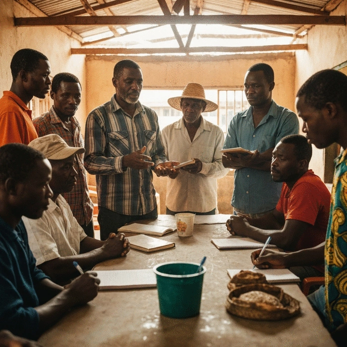 African fish farmers discussing strategies and sharing knowledge in a local community meeting, diverse group, some holding notebooks, natural lighting, documentary style, West African setting, no text, no words, no typography, 8K resolution, 4:3 aspect ratio