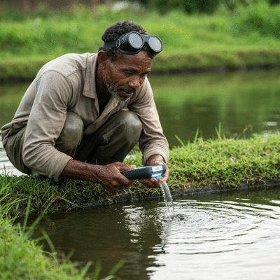 Fish farmer inspecting water quality in a fish pond