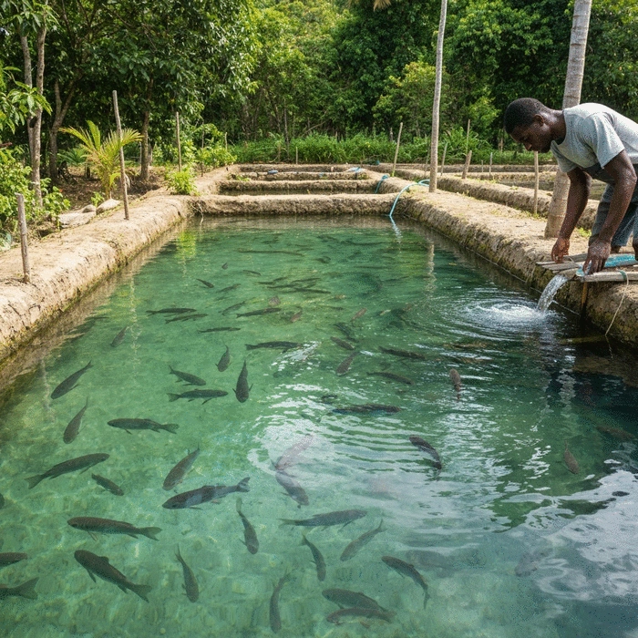 African farmer inspecting a well-maintained earthen fish pond, clear water with visible fish, tropical vegetation in background, commercial aquaculture operation, natural lighting, documentary style