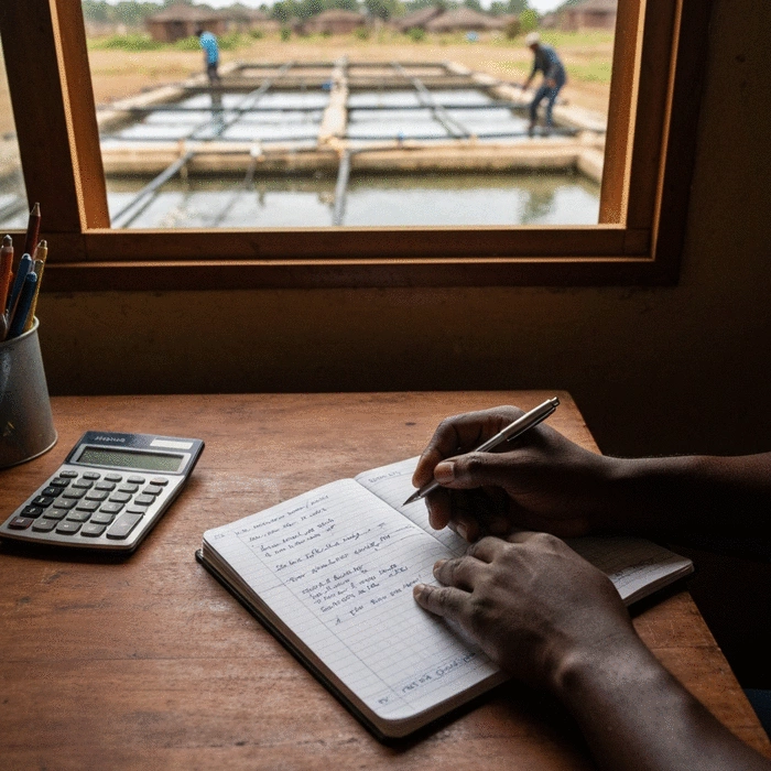 African fish farmer reviewing handwritten farm records in a notebook at a desk, with farm operations visible in the background