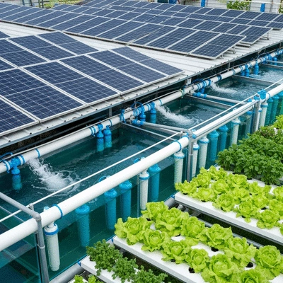 Sustainable fish farm with solar panels and water filtration system