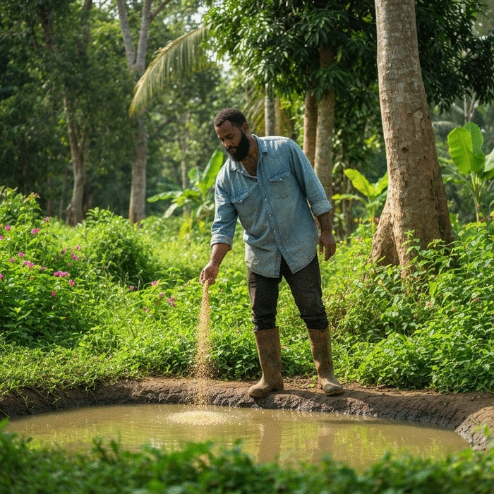 African farmer feeding fish in an earthen pond, with feed visibly scattered on the water surface