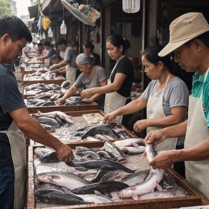 African fish market with fresh catfish displayed on clean tables, buyers examining quality, vibrant commercial trade scene, West African setting, professional presentation