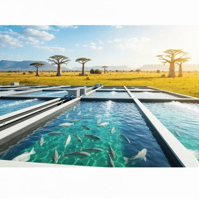 Modern fish farm with clean water and healthy fish, African landscape in background