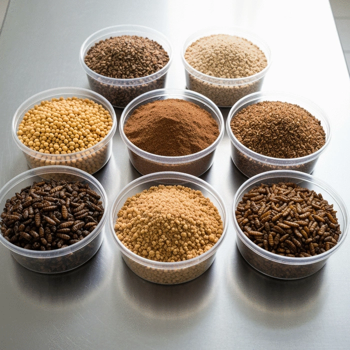 Various alternative fish feed ingredients like soybean meal, groundnut cake, and dried insect larvae in separate containers, clean background