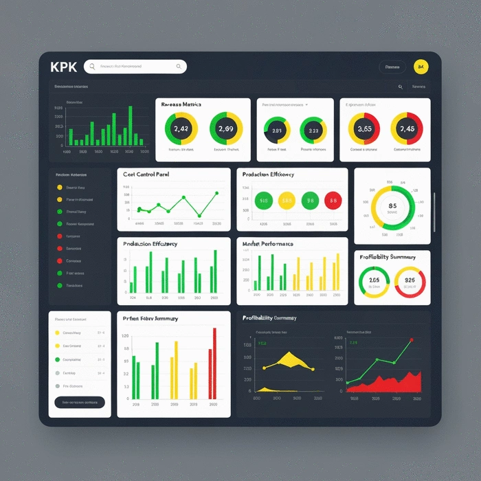 Detailed mockup of a comprehensive fish farm KPI dashboard showing all essential metrics with clear visual indicators
