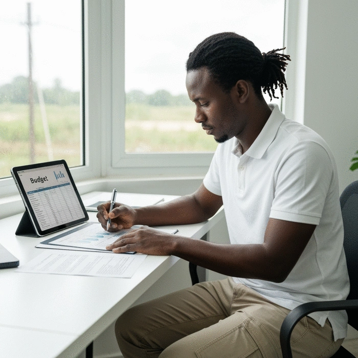 African fish farmer meticulously reviewing financial documents and a tablet with a budget spreadsheet, focused and organized, clean desk, no text, no words, no typography, 8K