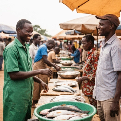 Fish farmer interacting with local community members at a market