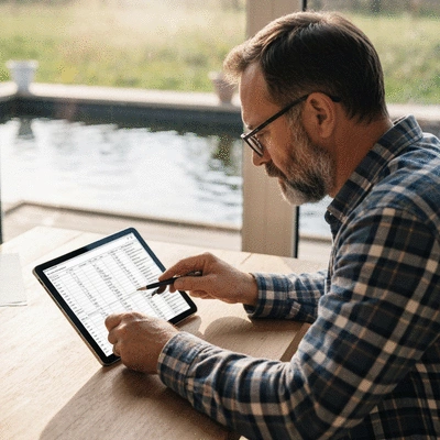 Fish farmer reviewing financial ledger on a tablet, with a fish pond in the blurred background