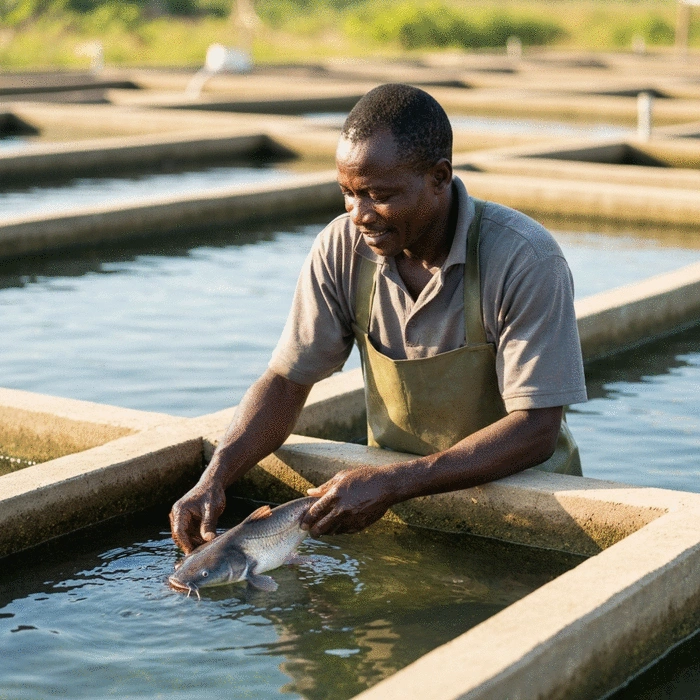 African farmer inspecting healthy catfish in a well-maintained concrete fish pond at a commercial aquaculture farm