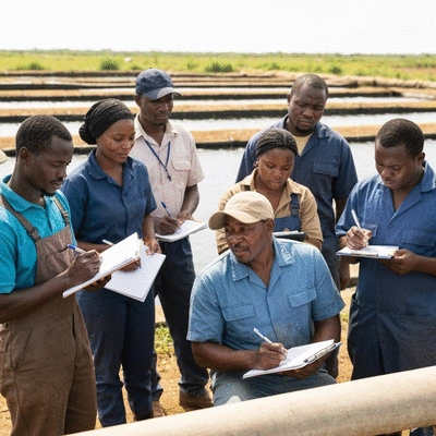 Group of diverse fish farm workers in Africa attending a training session, looking engaged and taking notes