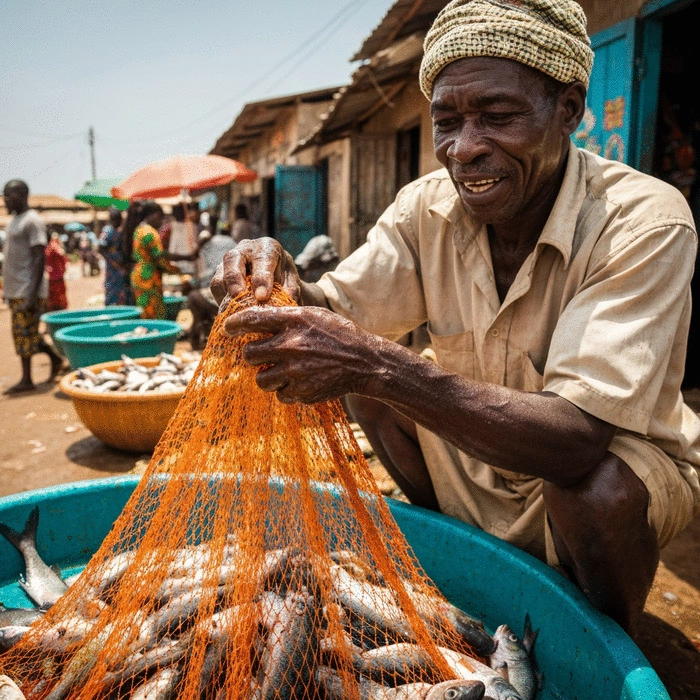 African farmer carefully measuring fish feed before distributing it into a concrete fish pond