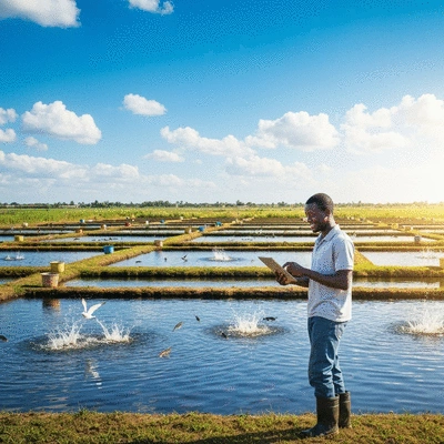 African fish farmer reviewing budget on a tablet, with a fish farm in the background