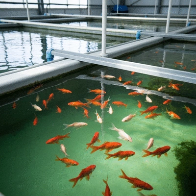 Modern fish farm with sustainable practices, clear water, healthy fish, eco-friendly environment, no text, no words, no typography, clean image