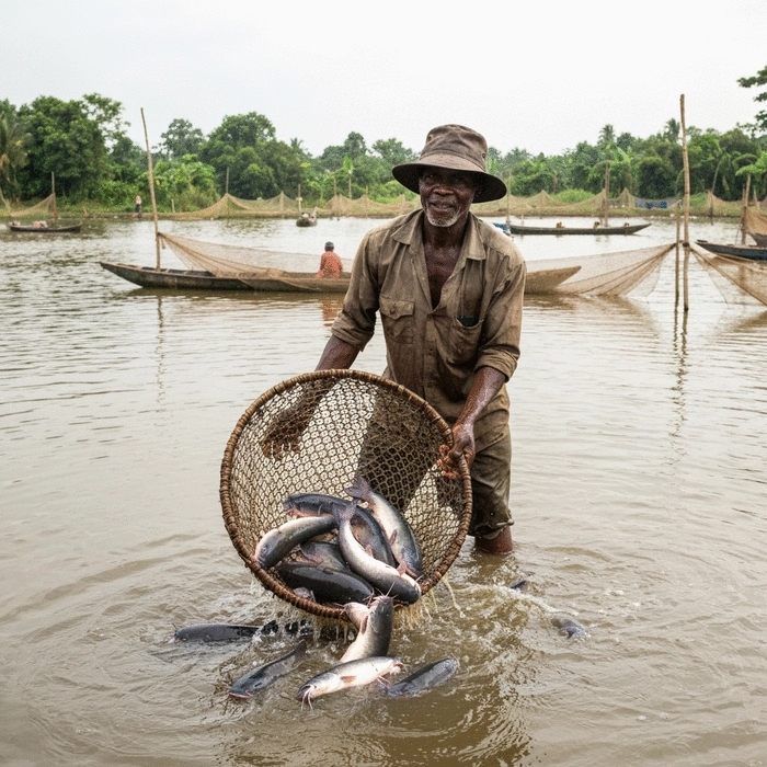 African farmer feeding catfish in a well-maintained earthen pond