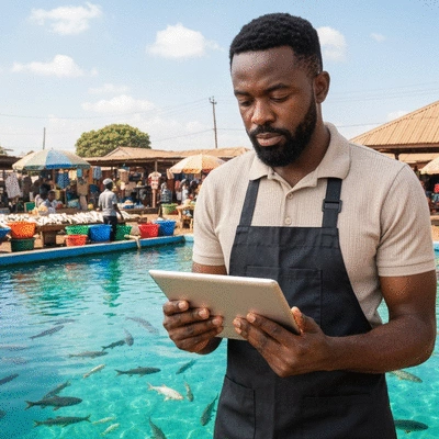 Fish farming business owner reviewing market data on a tablet