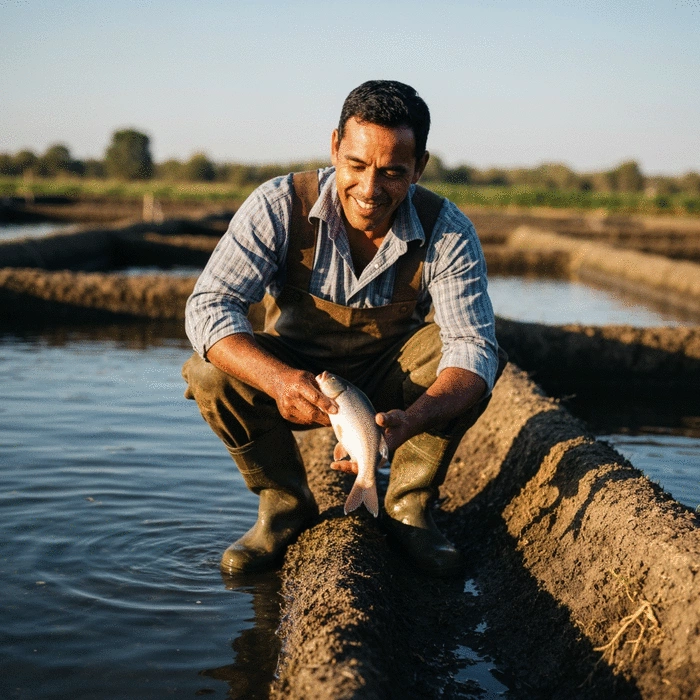 Farmer measuring fish weight in a bucket for FCR calculation