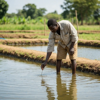 African fish farmer inspecting water quality in fish pond