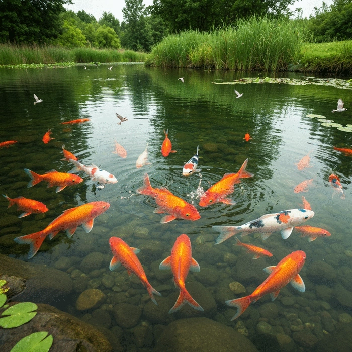 Fish swimming actively in a clean pond during feeding time