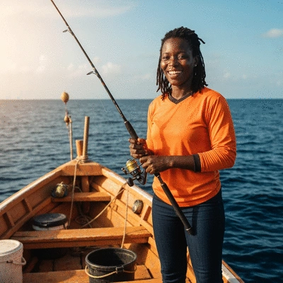 African woman fish farmer inspecting fish in a pond