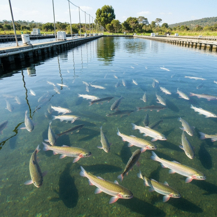 Trout fish in a clear, cool-water farm setting in African highlands, showing healthy fish and pristine water conditions, no text, no words, no typography, clean image