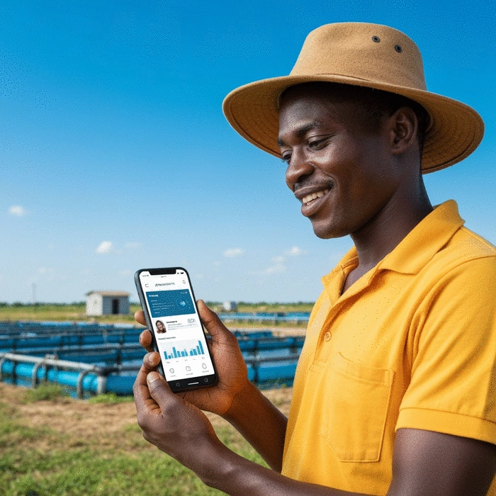 Fish farmer in Nigeria using a smartphone to manage fish farming data, with a clear blue sky and modern farm infrastructure in the background