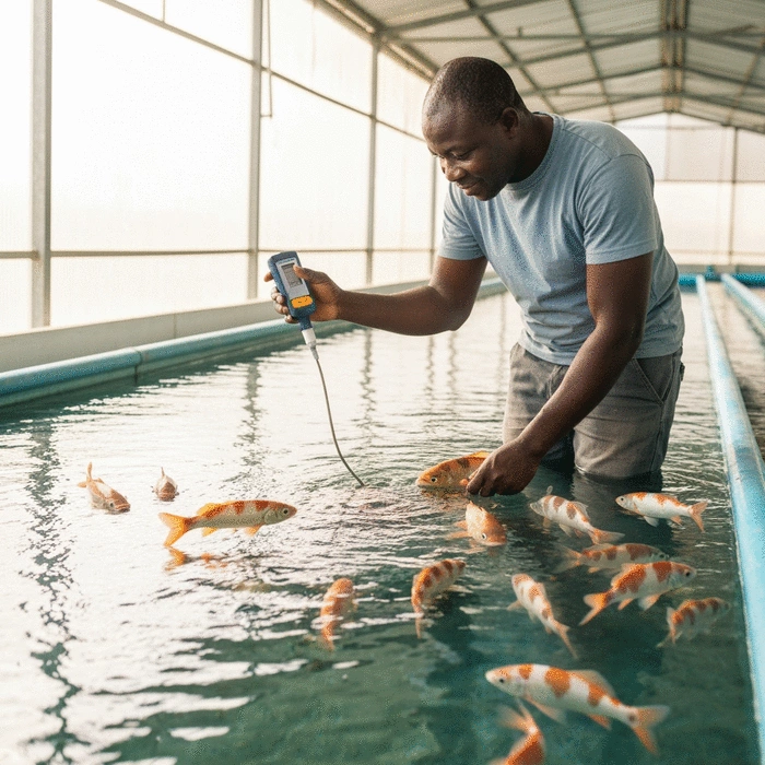 Nigerian fish farmer inspecting water quality in a modern fish pond, clean image