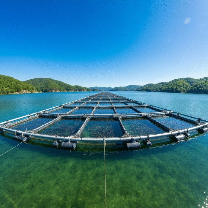Modern cage fish farming setup with multiple cages floating in a large lake, surrounded by lush green hills under a clear blue sky, demonstrating high-density production. No text, no words, no typography, no labels, clean image.