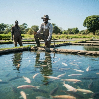 African entrepreneur inspecting a fish farm