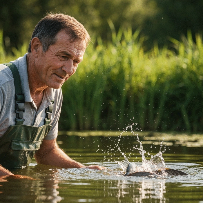 Fish farmer observing fish feeding behavior in a pond