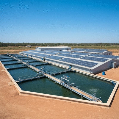Modern fish farming facility in Africa with solar panels providing power, showing sustainable technology integration