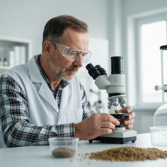 Farmer inspecting fish feed quality in a lab setting