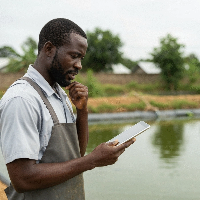 African fish farmer looking at a tablet with market trend data, while standing by a fish pond, contemplating decisions