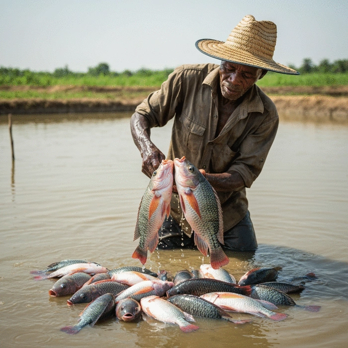 Tilapia fish being harvested from a pond by an African farmer, showing healthy, market-ready fish, no text, no words, no typography, clean image