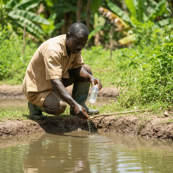 African farmer collecting water sample from a traditional earthen fish pond for testing